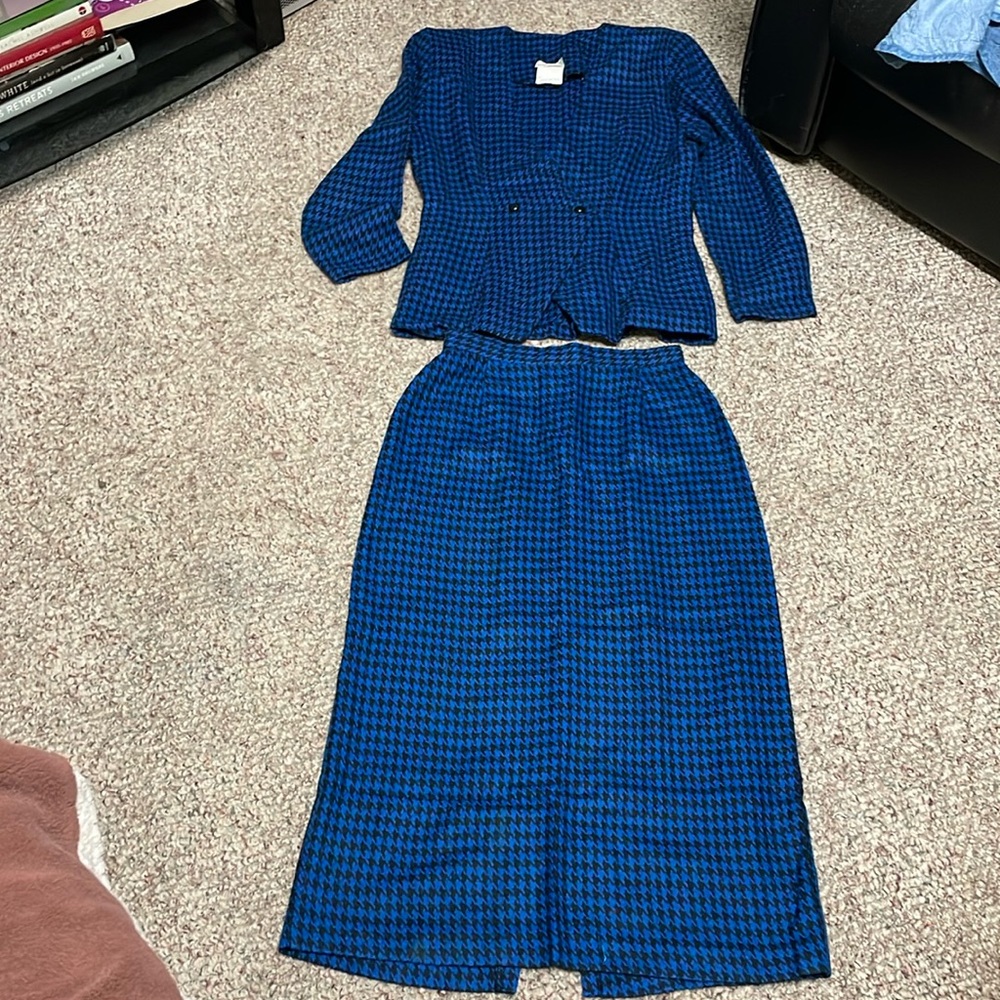 Vintage Blue Houndstooth Skirt Set